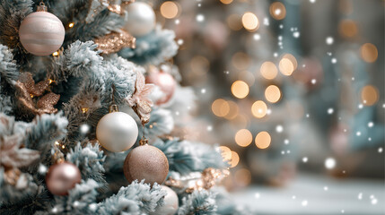 Festive Christmas tree adorned with delicate ornaments and shimmering lights, creating a warm holiday atmosphere with soft snowfall in the background, evoking seasonal joy and celebration