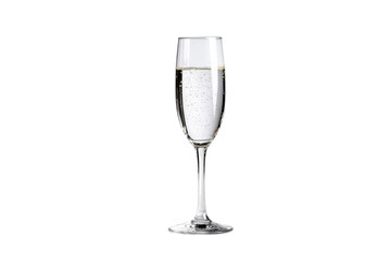 A clear champagne flute glass on a white  isolated on a transparent background in PNG format.