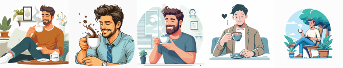 VECTOR IMAGE OF A MAN ENJOYING A CUP OF COFFEE ON A WHITE BACKGROUND