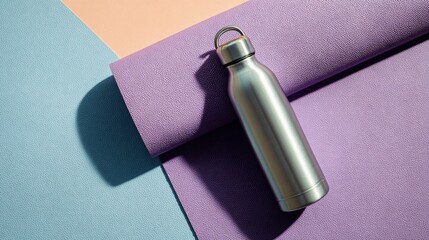 Stainless steel reusable water bottle placed on colorful yoga mats with pastel background ideal for fitness lifestyle, hydration product promotion and sustainable design visuals