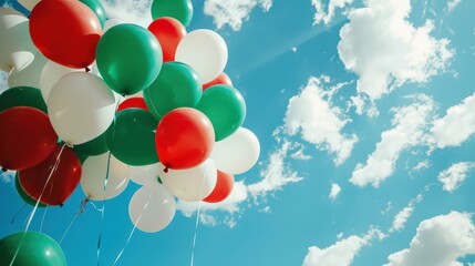 Celebration of Bulgaria independence day with colorful balloons against a clear sky. Horizontal banner. Copy space. Balloons in colors of flag of Bulgaria