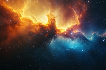 Fototapeta premium Vibrant cosmic nebula illuminates deep space with swirling orange and blue gas clouds and sparkling stars for celestial astronomy exploration