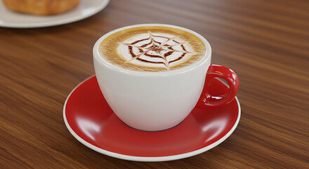 Obraz premium Delicious cappuccino featuring intricate latte art, presented in a vibrant red cup and saucer.