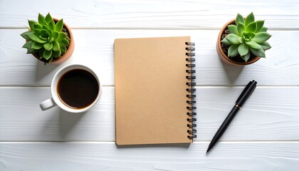 Blank Notebook Coffee Succulents Workspace Flatlay