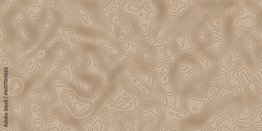 Poster seamless topographic map pattern with contour lines on a light brown background, ideal for backgroun