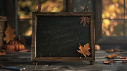 Autumn classroom chalkboard mockup with fall leaves for back to school design. Horizontal banner. Copy space. Free space for text. Template for school events