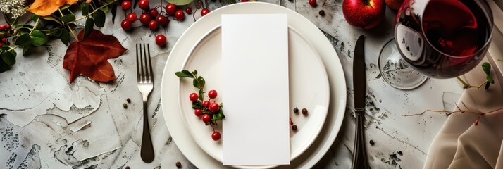 Festive autumn dining table setting with blank menu card for back to school celebration. Horizontal banner. Copy space. Template, mock-up for cafe, coffee shop, bar, restaurant. Top view. Flat lay