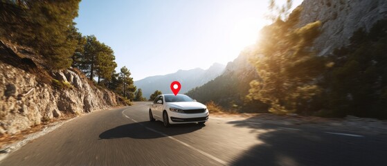 White Personal Car with Red Map Pin on Mountain Road