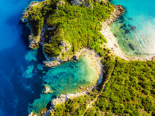 Porto Timoni bay with twin beaches and turquoise waters  and sand beach on Corfu in Greece in Afionas region