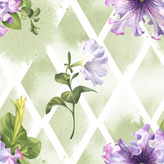 Floral pattern with purple flowers and green leaves on a mosaic background watercolor illustration. Seamless pattern of petunia bouquets. Delicate buds of garden flowers in a realistic style
