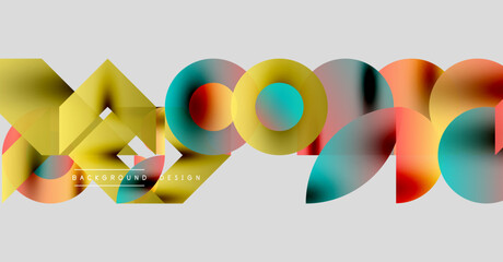 Abstract geometric shapes overlap, creating vibrant colorful design. Text reads background design within composition. Modern aesthetic.