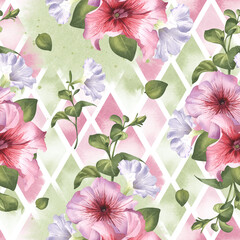 Floral pattern with pink flowers and green leaves on a mosaic background watercolor illustration. Seamless pattern of petunia bouquets. Delicate buds of garden flowers in a realistic style