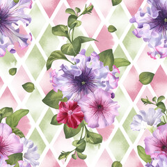 Floral pattern with purple flowers and green leaves on a mosaic background watercolor illustration. Seamless pattern of petunia bouquets. Delicate buds of garden flowers in a realistic style