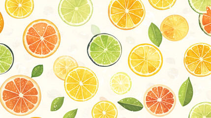 Citrus fruit slices pattern, light background, vibrant colors.  Slices of oranges, lemons, limes, and grapefruits are scattered across a light cream background, with small green leaves