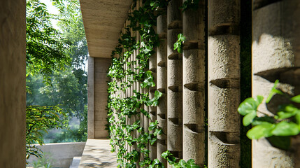 Concrete wall with vertical slats, lush green ivy climbing.  Sunlight streams through the structure, revealing a serene outdoor space