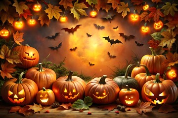 Halloween night with carved pumpkins, bats, and full moon