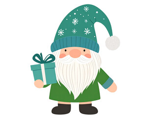 Cute Nordic Christmas Gnome in Green Outfit with Snowflake Patterns Isolated on Transparent Background PNG