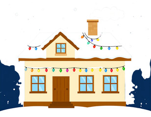 Cozy Winter House with Christmas Lights on a Snowy Christmas Eve Night PNG (2)