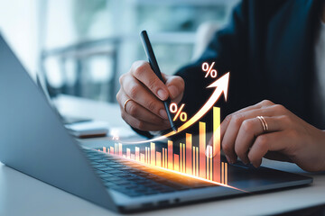 Business growth and financial success with rising stock market chart and percentages