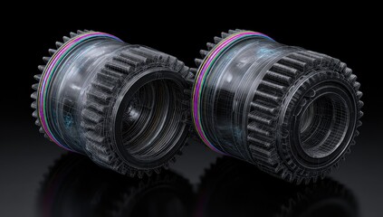 Two futuristic, metallic gears with translucent elements and colorful bands