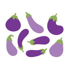 Flat vector illustration of different eggplant shapes. Purple and violet aubergines with green stems isolated on white. Minimal, modern design for healthy food, vegan, or farming themes.