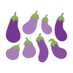 Flat vector illustration of different eggplant shapes. Purple and violet aubergines with green stems isolated on white. Minimal, modern design for healthy food, vegan, or farming themes.