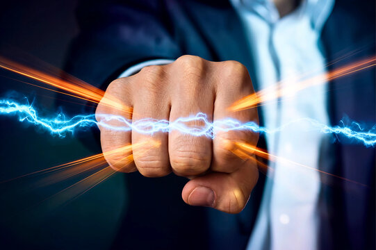 A powerful fist clenched and striking forward, is illuminated by crackling blue and orange energy bolts. It symbolizing intense force, determination and explosive action