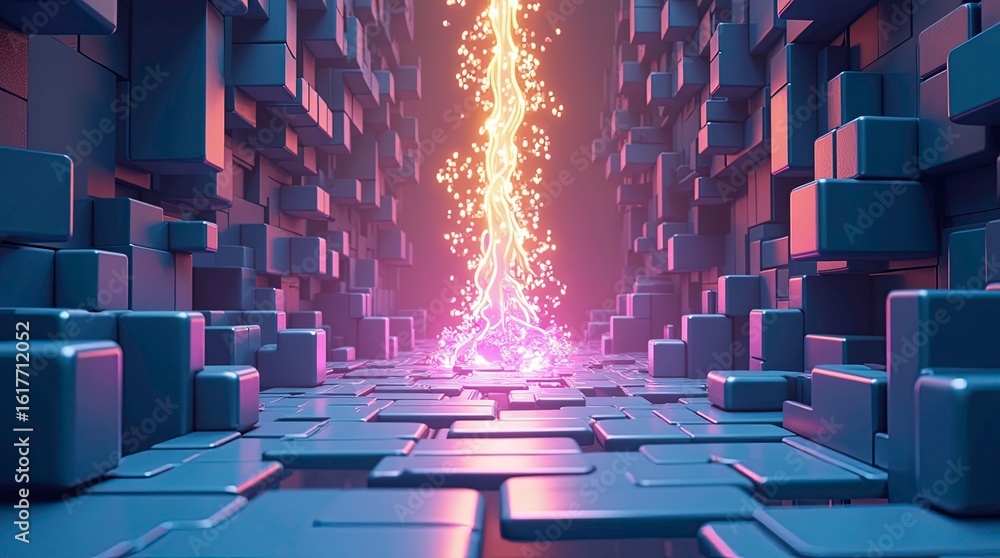 Poster futuristic 3d rendering of digital network wall with yellow and orange lights with reflection in cyb