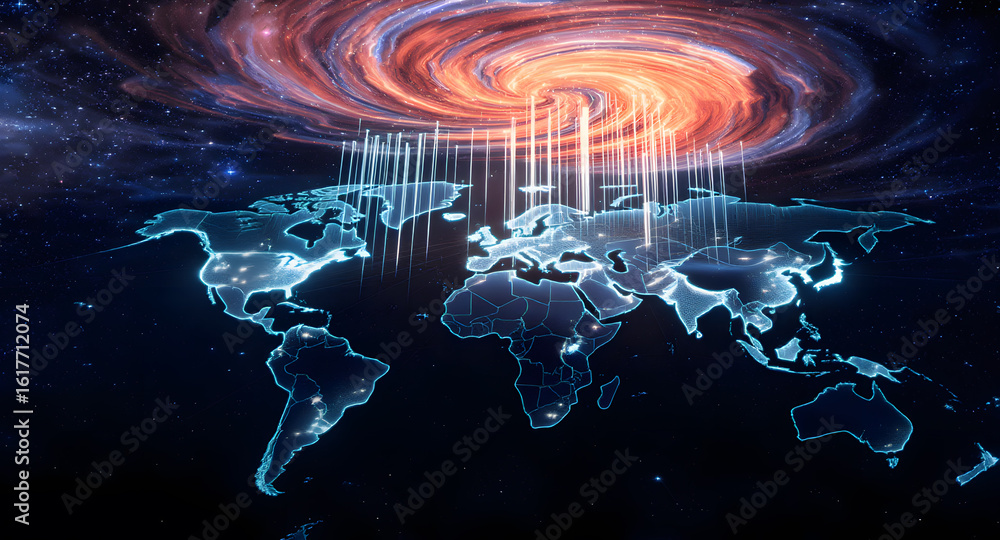 Poster global digital network with cosmic swirl and data transfer