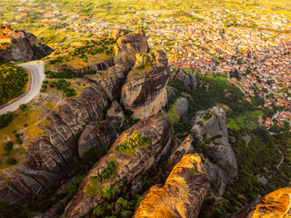 The monastery Meteora, aerial rocky monasteries complex in Greece near Kalabaka city. Holy Monastery of the Great Meteoron and Varlaam