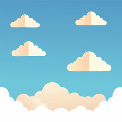 Minimal flat background of a clear blue sky with soft, stylized white clouds. Simple vector art of a peaceful skyscape with a gentle gradient.