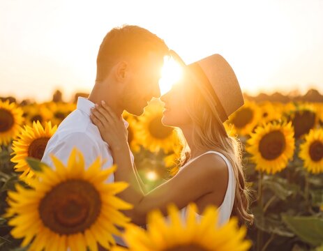 Romantic couple in a sunflower field at sunset - Powered by Adobe