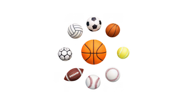 Collection of various sports balls arranged in a circular pattern isolated on transparent background
