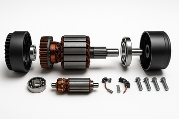 Vista explodida de motor elétrico com rotor e estator e componentes de montagem isolados em fundo...