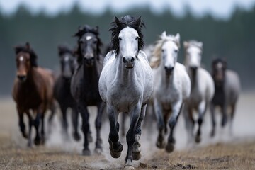 Obraz premium Galloping horses front view, Herd charging in dust, Wild energy and action concept