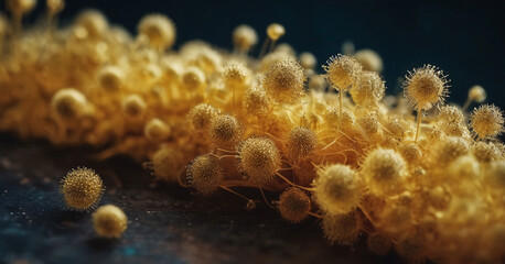 Microscopic fungal spores and hyphae.  Biological mold. SEM image.  Detailed microbiology.Background