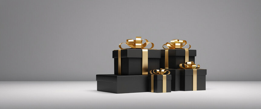 Black Gift Boxes with Golden Ribbons Elegant black gift box tied with a luxurious gold ribbon and bow, presented against a clean white background, ideal for high-end corporate gifts, anniversary celeb