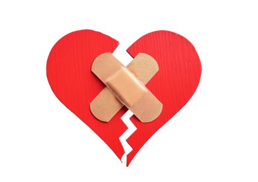 broken heart love relationship and plaster bandage isolated on transparent or white background