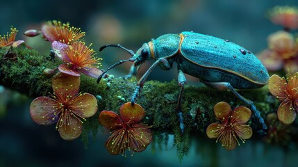 Fototapeta premium Vivid Blue Beetle Among Flowers in Nature
