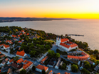 Tihany in Hungary. Benedictine Monastery of Tihany Abbey with Lake Balaton.