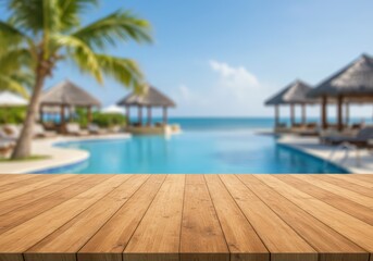 Empty wooden table in front of a blurred tropical resort in the background. Showcase or display for product backdrop in a paradise setting for vacation theme with copy space for text.