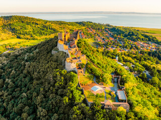 Sunset over the castle Szigliget, Hungary near Balaton lake
