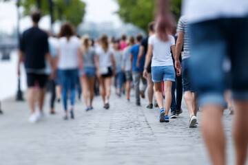 Fototapeta premium People walking by river, Leisure stroll in city, Casual outdoor lifestyle image