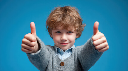 Happy Caucasian boy showing double thumbs up against blue background for approval emotion education advertisement and joyful kid content