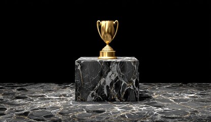 Golden trophy on black marble pedestal