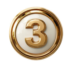 Gold-rimmed, cream-colored circle button featuring the number three