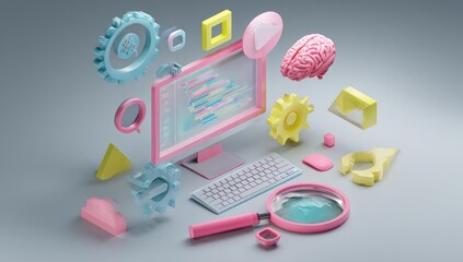 Pastel-colored 3D computer with gears, shapes, and brain