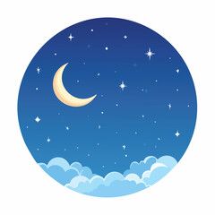 Naklejka premium Vector illustration of a cartoon night sky with a crescent moon, twinkling stars, and fluffy clouds in a circular frame. Flat design background.
