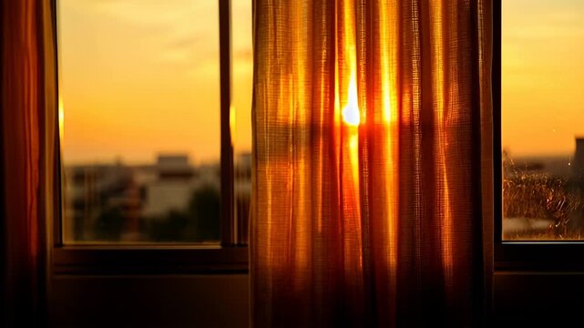 Sunlight streams through curtain and window at sunset creating warm peaceful golden glow with blurred cityscape background and soft light
