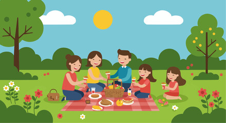 Happy Family Picnic in Park Vector Illustration